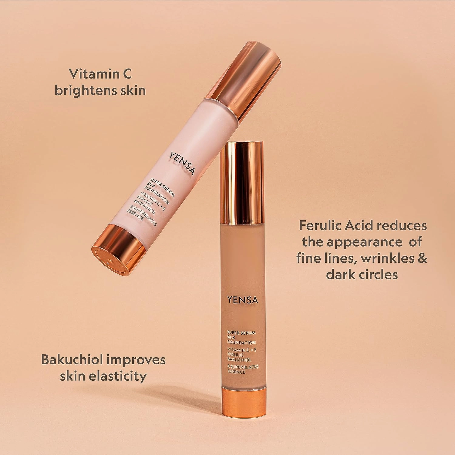 YENSA Serum Foundation Makeup - Super Silk Full Coverage Foundation Enriched with Peptides, Vitamin C & Ferulic Acid to Help Reduce Fine Lines, Wrinkles & Dark Circles - Deep 1 (1 oz)