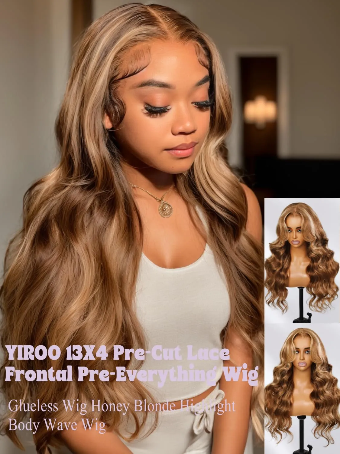 YIROO Pre Everything Wig Honey Blonde 13X4 Pre Cut Lace Front Glueless Human Hair Wigs Body Wave Brown Blonde Highlight Ombre Pre Bleached Invisible Bye Bye Knots Wig Pre Plucked 150% Density 16Inch