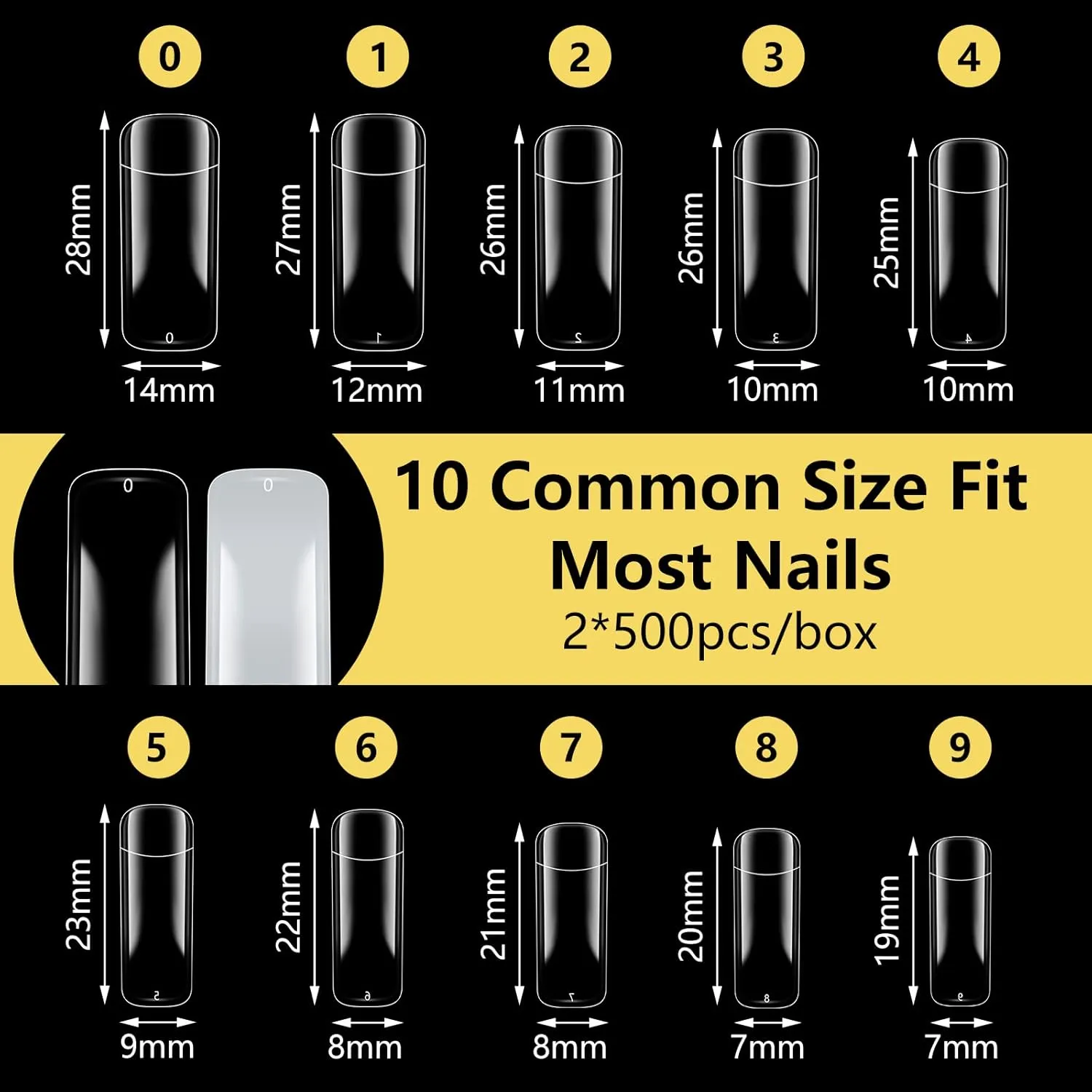 Yokilly 1000PCS Square Nail Tips and Glue, Clear Natural False Acrylic Nail Tips, Half Cover 10 Sizes French Artificial Nail Tips Manicure with Nail Clipper, Nail Files and Glue for Dip Powder