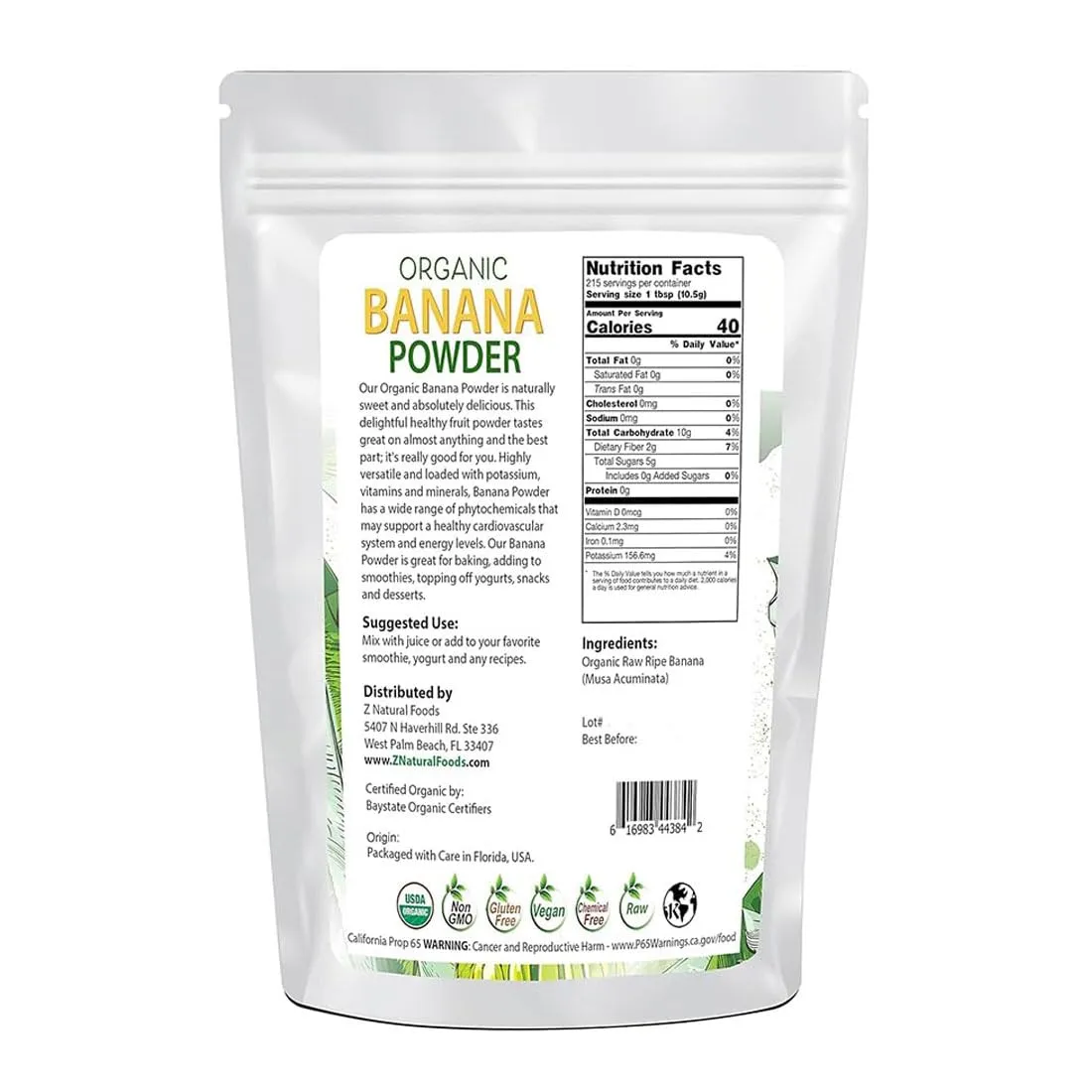 Z Natural Foods Organic Banana Powder, Fiber Supplement for Glowing Skin and Enhanced Immunity, Great in Juice, Smoothies, and Recipes, Non-GMO, Vegan, Gluten-Free, Kosher, 1 lb.