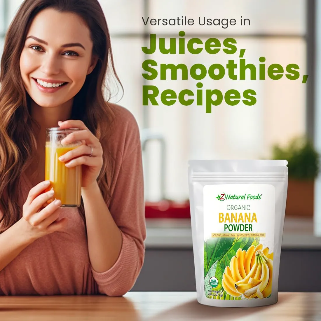 Z Natural Foods Organic Banana Powder, Fiber Supplement for Glowing Skin and Enhanced Immunity, Great in Juice, Smoothies, and Recipes, Non-GMO, Vegan, Gluten-Free, Kosher, 1 lb.
