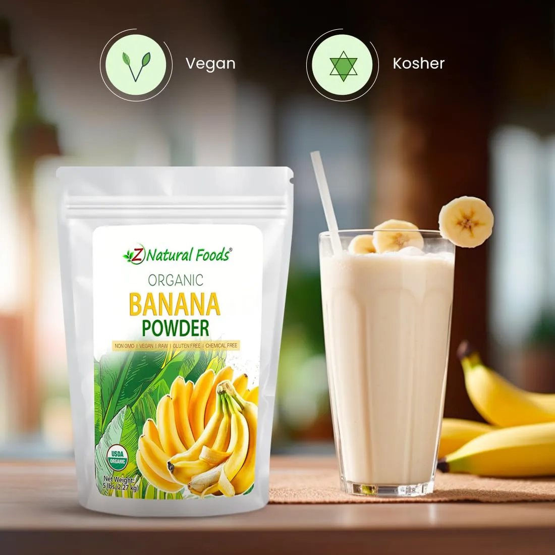 Z Natural Foods Organic Banana Powder, Fiber Supplement for Glowing Skin and Enhanced Immunity, Great in Juice, Smoothies, and Recipes, Non-GMO, Vegan, Gluten-Free, Kosher, 1 lb.
