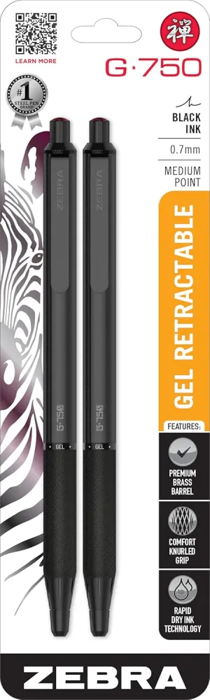 Zebra Pen G-750 Retractable Gel Pen, Black Brass Barrel, Medium Point, 0.7mm, Black Ink, 2-Pack (49812)