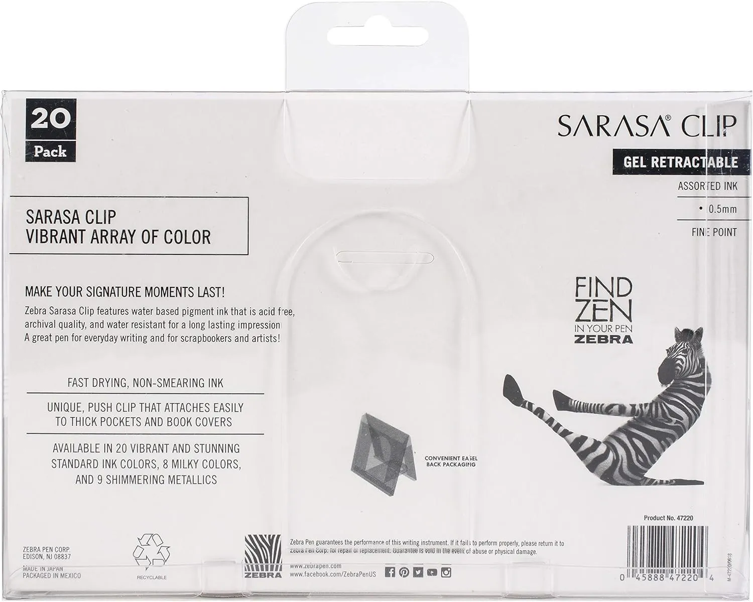 Zebra Pen Sarasa Clip Retractable Gel Pen, Fine Point, 0.5mm, Rainbow Assorted Colors (Pack fo 1, 20 Count Total)