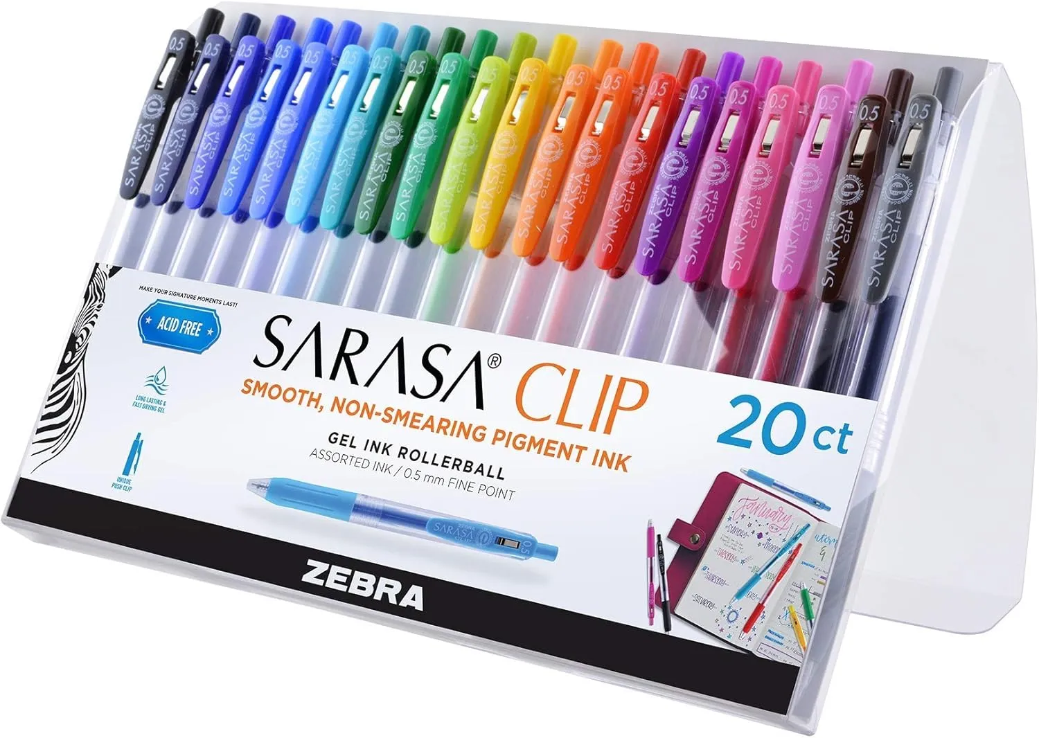 Zebra Pen Sarasa Clip Retractable Gel Pen, Fine Point, 0.5mm, Rainbow Assorted Colors (Pack fo 1, 20 Count Total)