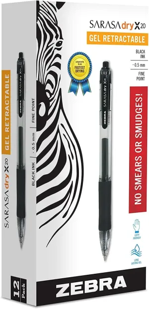 Zebra Pen Sarasa Dry X20 Retractable Gel Pen, Fine Point, 0.5mm, Black Ink, 12-Pack (46710)