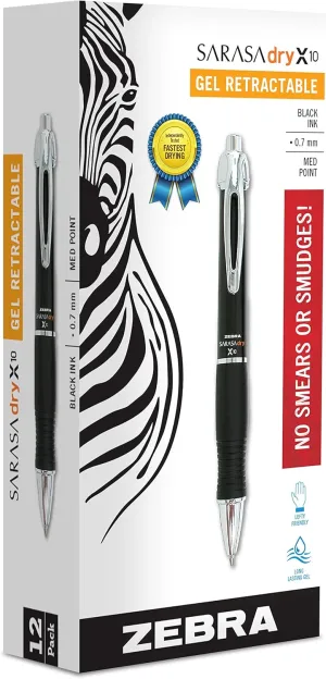 Zebra Pen X10 Retractable Gel Pen, Medium Point, 0.7mm, Black Barrel, Acid Free Black Ink, 12 Pack (Packaging may vary) (42610)