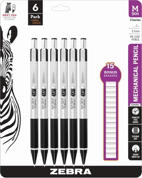 Zebra M-301 Mechanical Pencils 0.5 mm - Stainless Steel - 6 Pack with 15 Bonus Erasers Refills - Standard HB Lead For Zebra Mechanical Pencil - Comfortable Black Grip