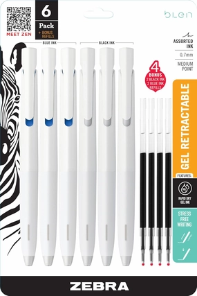 Zebra Pen bLen Retractable Gel Pen   refills, White Barrel, Medium Point, 0.7mm, Black and Blue Ink (Pack of 1,6 Count Total)