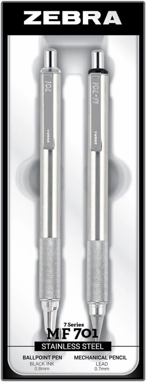 Zebra Pen M/F 701 Stainless Steel Mechanical Pencil and Ballpoint Pen Set, Fine Point, HB Lead and Black Ink, 2-Pack Gift Set (10519)