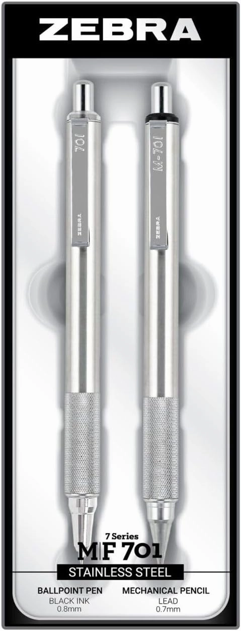 Zebra Pen M/F 701 Stainless Steel Mechanical Pencil and Ballpoint Pen Set, Fine Point, HB Lead and Black Ink, 2-Pack Gift Set (10519)