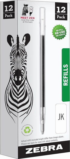 Zebra Pen Refill - Compatible with Zebra G750, G301, G450, & G350 - Stainless Steel Gel Ink Pen Jk Refill, 0.7mm Medium Point, Black Ink - 12 Count