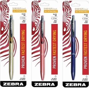 Zebra Sarasa Grand, Retractable Gel Ink Pen, Gold Barrel, Medium Point, 0.7mm, Black Ink, 1-Count (3, Gold, Navy, Rose Gold)