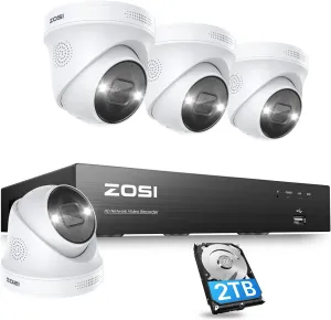 ZOSI 4K PoE Security Camera System,4pcs 8MP Outdoor Indoor PoE Cameras,2-Way Audio,Person Vehicle Detection,Spotlight Color Night Vision,8Port 16 Channel 8MP/4K NVR with 2TB HDD for 24/7 Recording