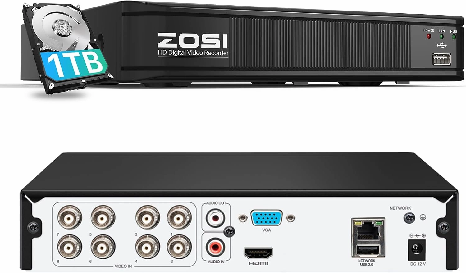 ZOSI H.265  5MP 3K Lite 8 Channel CCTV DVR Recorder, AI Human Vehicle Detection, Alert Push, Hybrid Capability 4-in-1(Analog/AHD/TVI/CVI) Full 1080p HD Surveillance DVR for Security Camera (1TB HDD)