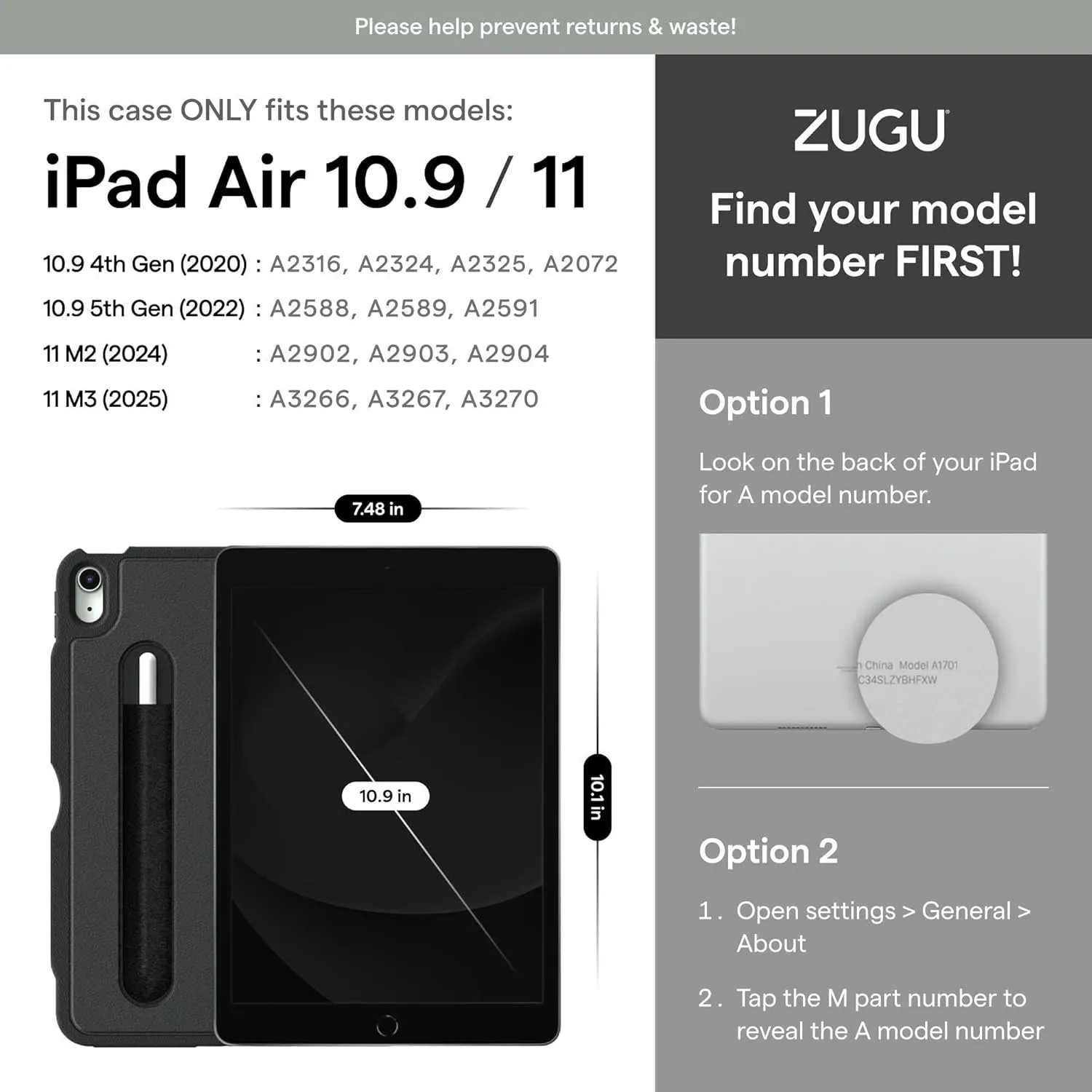 ZUGU CASE for iPad Air 11 (M3 2025 / M2 2024) iPad Air 4 & 5 10.9 Inch (2020/2022) - Protective, Ultra Thin, Magnetic Stand, Sleep/Wake Cover with Apple Pencil Charging & Storage - Black