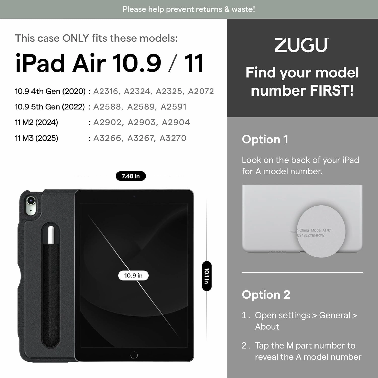 ZUGU CASE for iPad Air 11 (M3 2025 / M2 2024) iPad Air 4 & 5 10.9 Inch (2020/2022) - Protective, Ultra Thin, Magnetic Stand, Sleep/Wake Cover with Apple Pencil Charging & Storage - Black